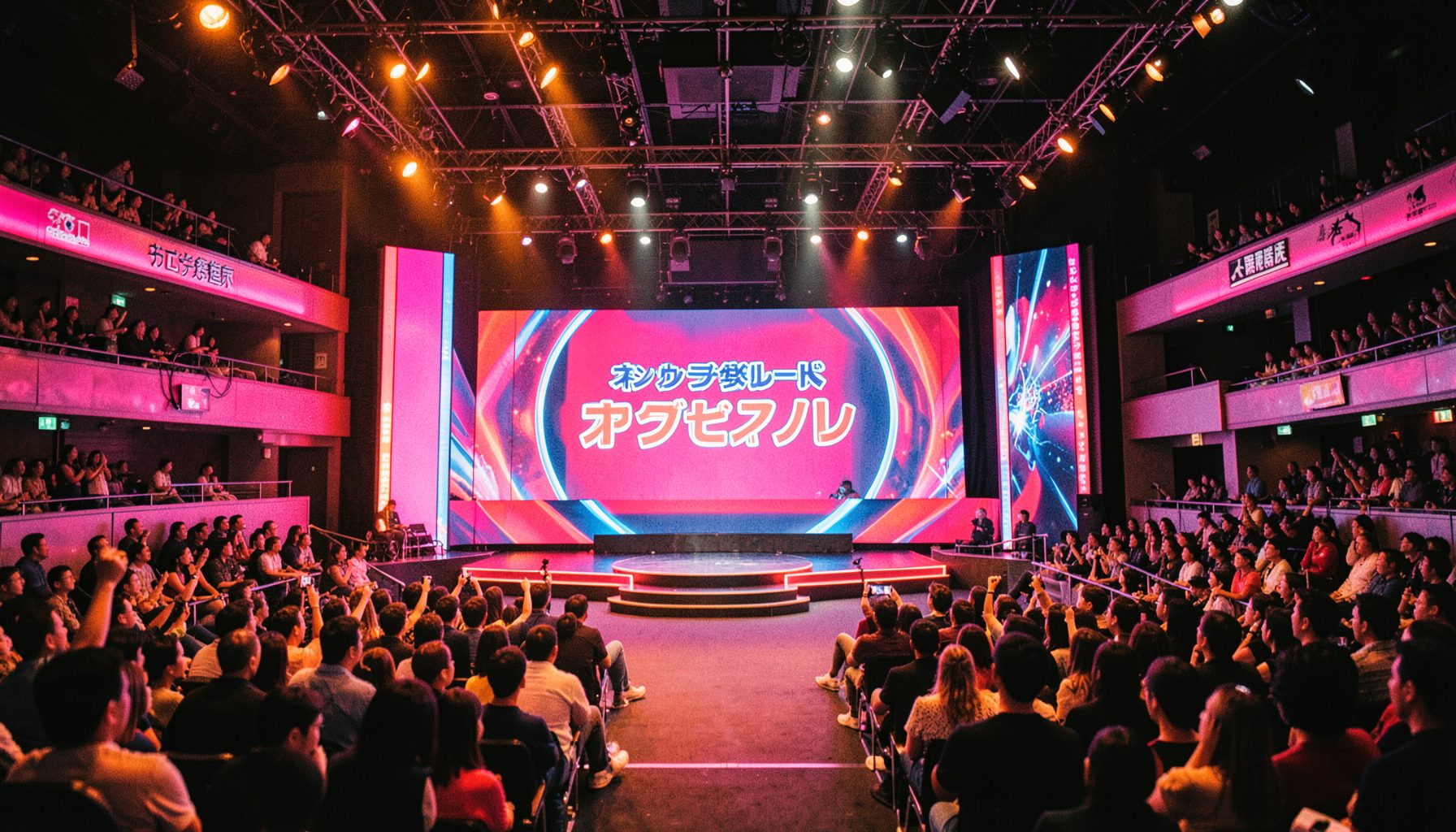 Wide shot of a Japanese variety show stage with neon signage and audience seating, vibrant pink and blue hues