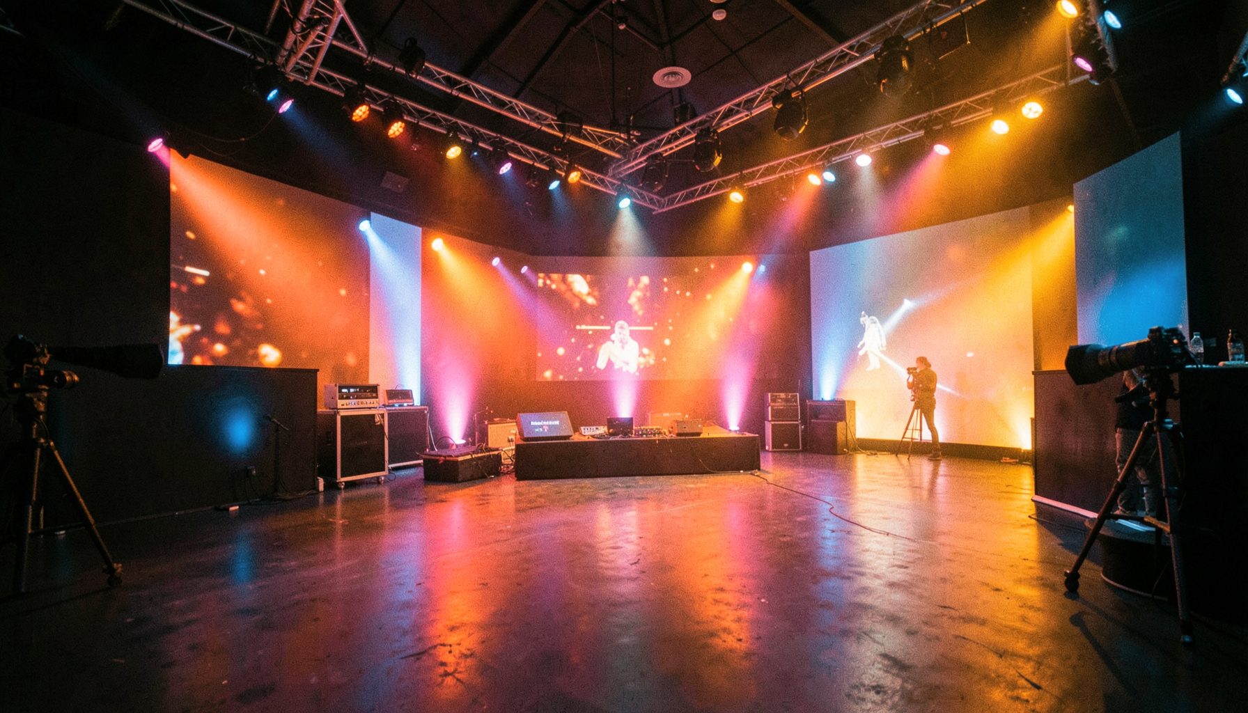 Bright television studio set with colorful lighting and wide camera angles, warm amber and blue tones