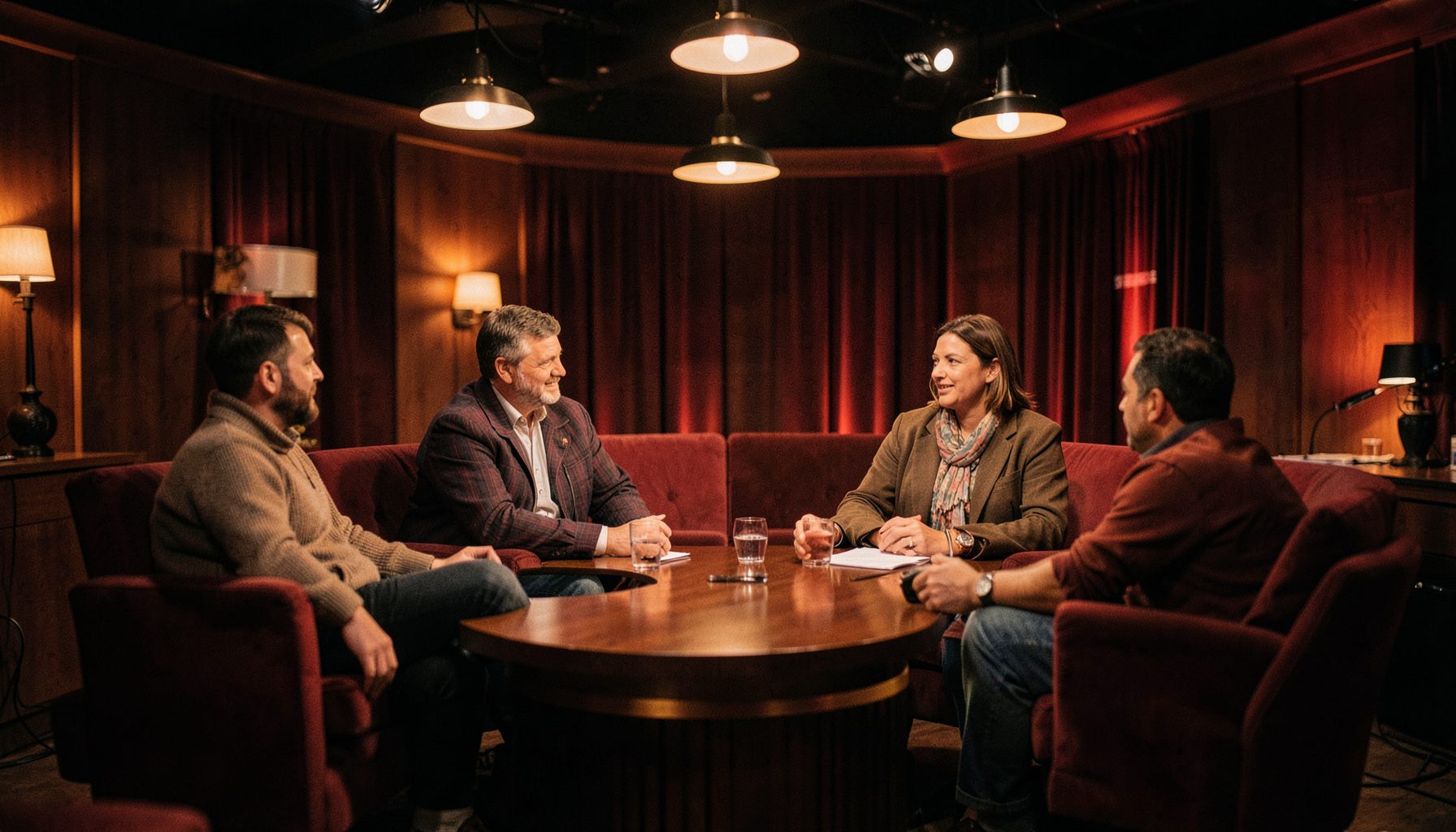 Cozy talk-show set with soft overhead lighting, deep red and wood-brown tones, intimate atmosphere