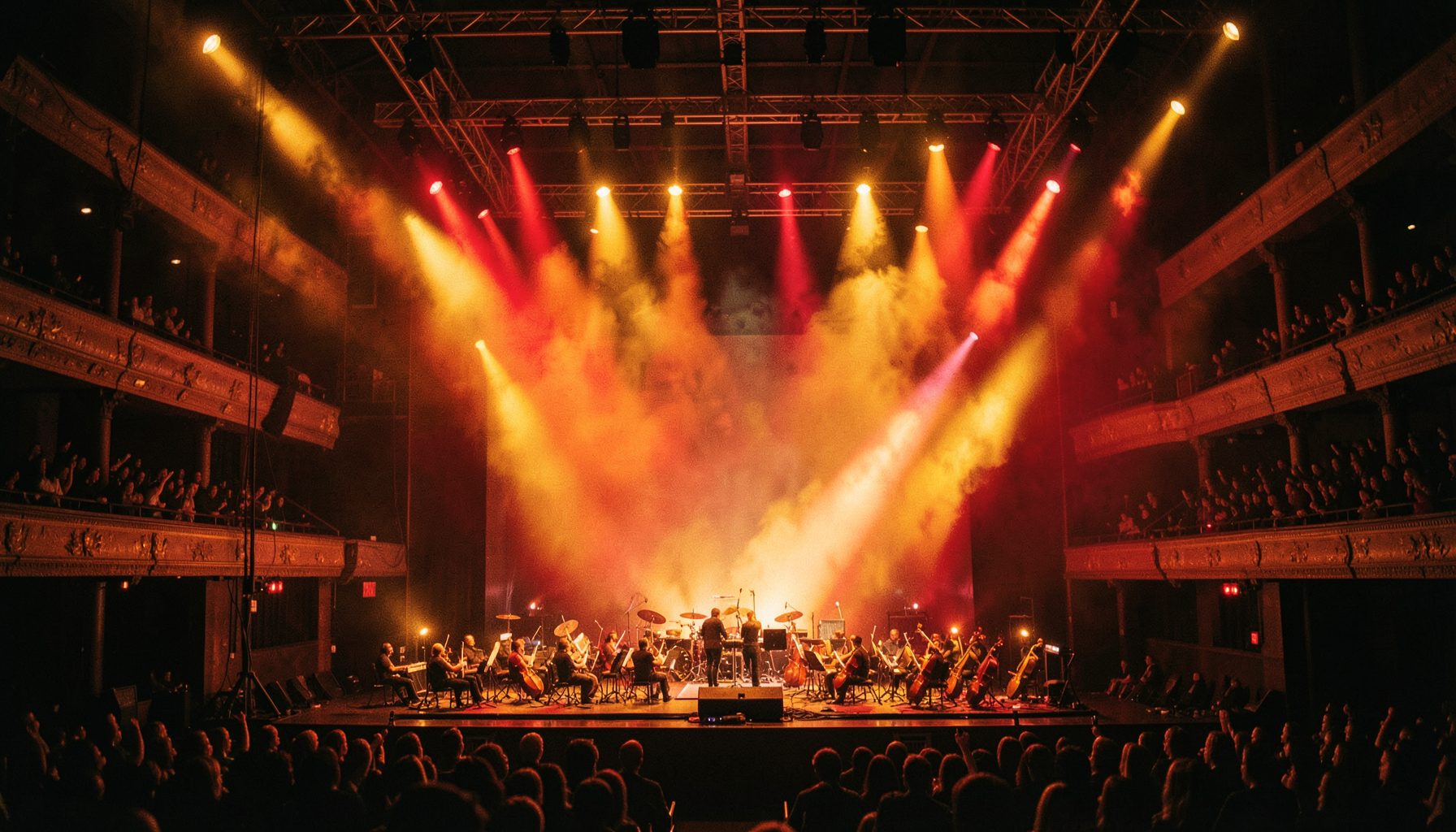 Large concert-hall stage bathed in golden and crimson spotlights with a distant orchestra silhouette, dramatic mood