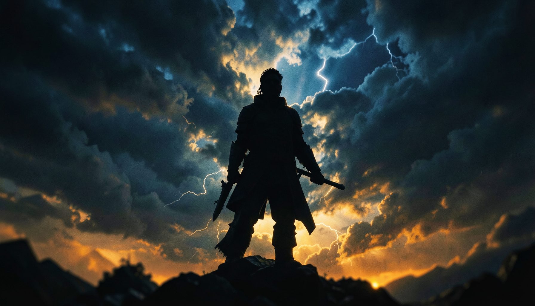 Dramatic fantasy illustration with deep blues and golds, a heroic figure silhouetted against a stormy sky