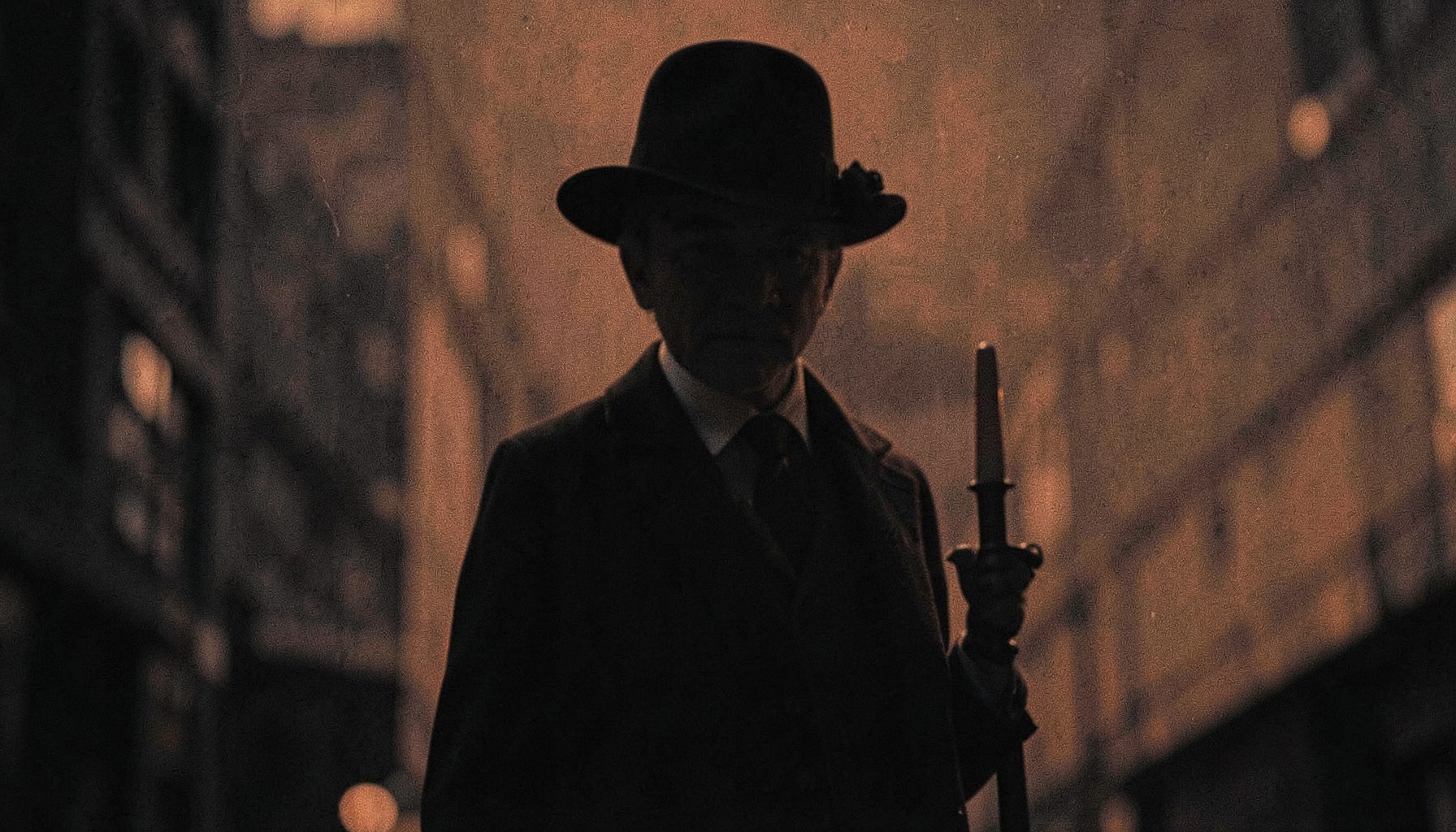 Moody noir-style illustration in dark grays and muted reds, a detective figure in shadow