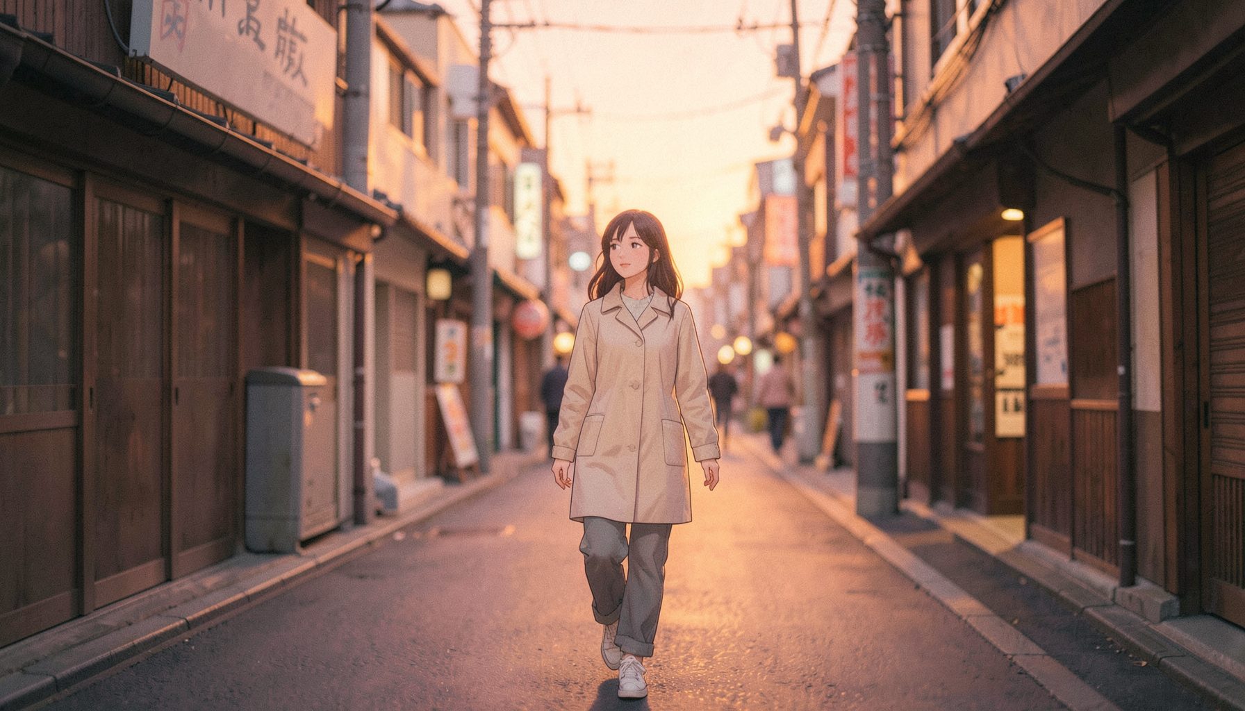 Soft pastel-toned illustration of a woman walking through a quiet Tokyo neighborhood at dusk